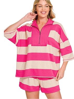 Zenana Outfitters Pink and Cream Striped Zip Pullover Cover-Up Set